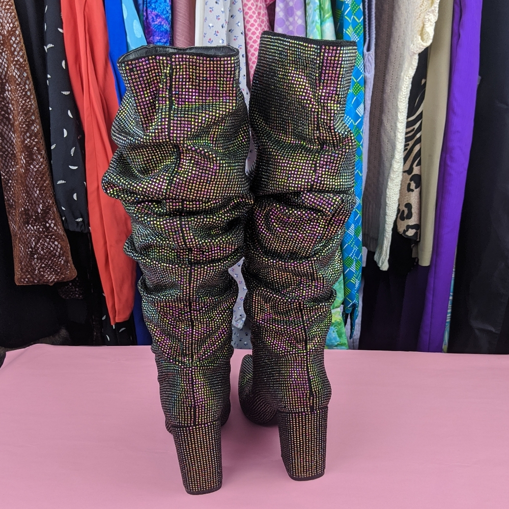 Rainbow rhinestone slouchy high heel boots - Picture 2 of 7